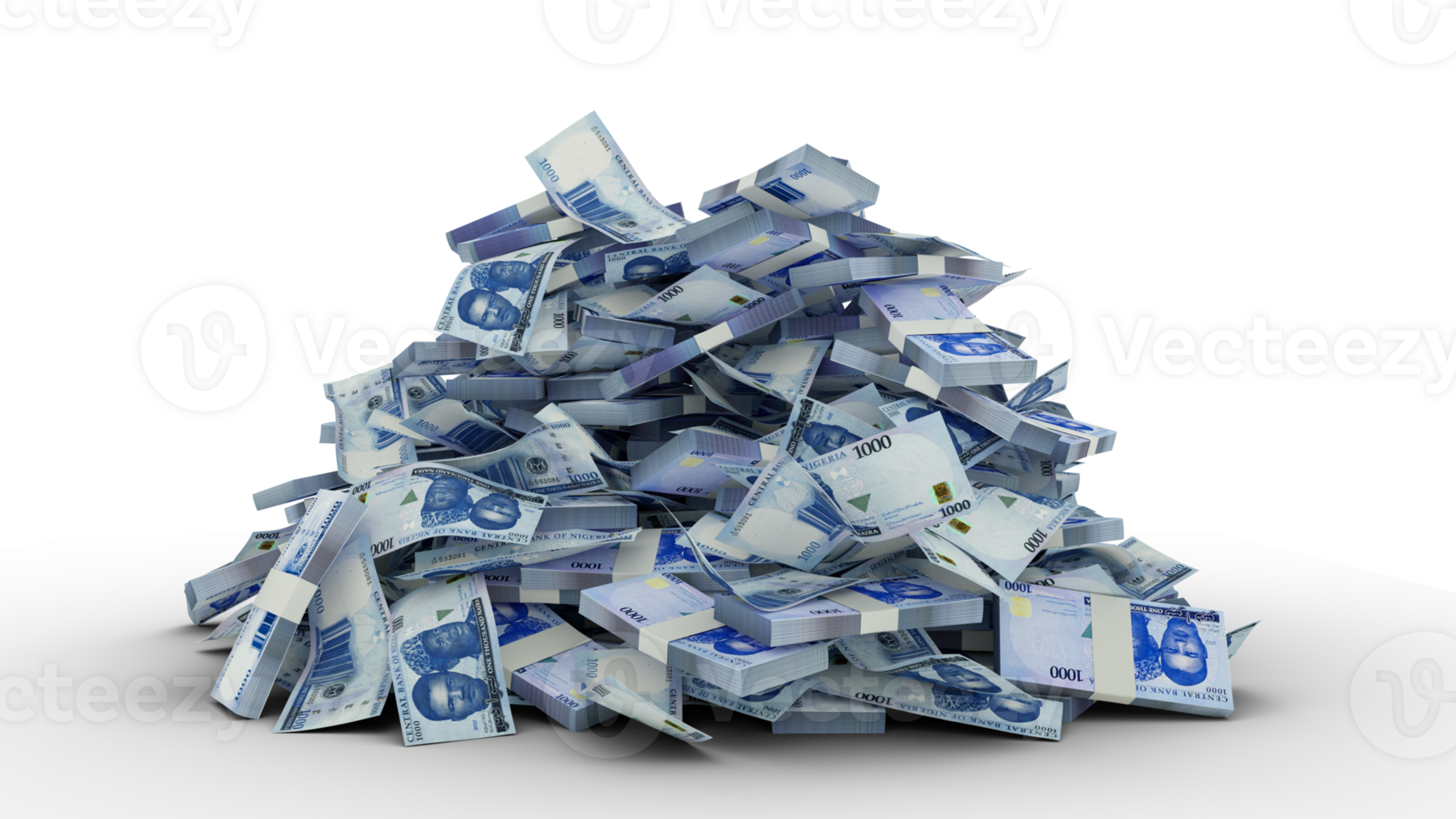Big pile of Nigerian naira notes. A lot of money. 3d rendering of bundles of cash png
