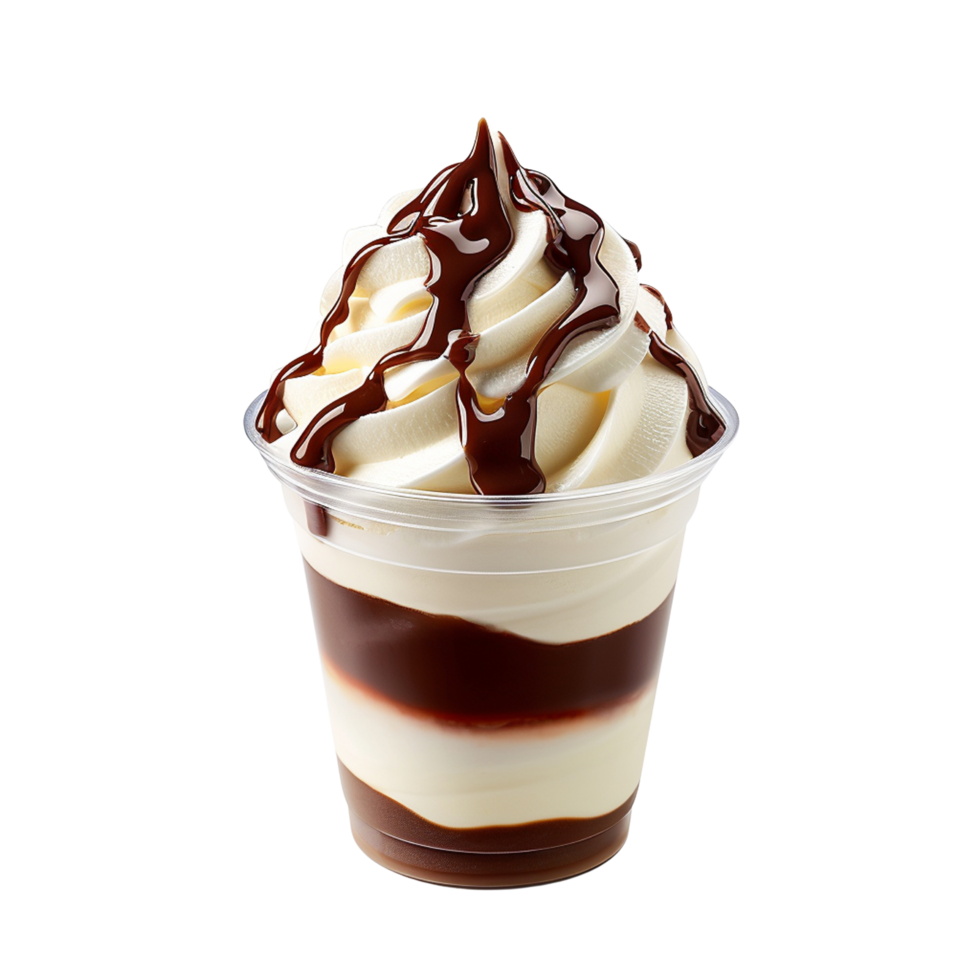 Soft Serve Vanilla Ice Cream with Chocolate Syrup in Clear Cup isolated on transparent background png
