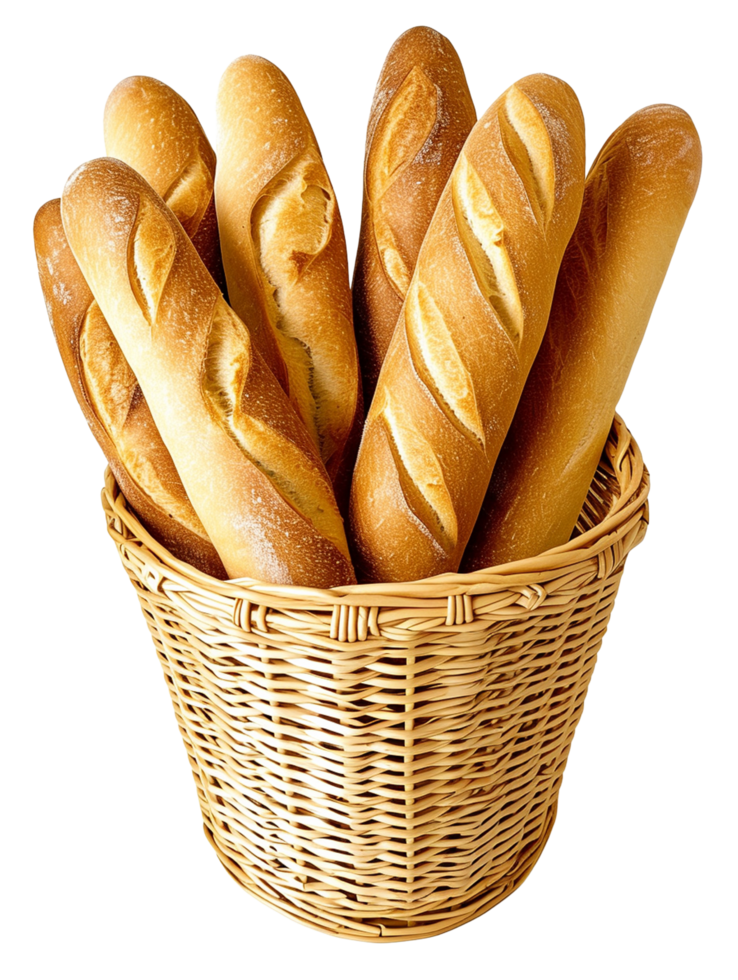 A wicker basket filled with several freshly baked baguettes isolated on transparent background png