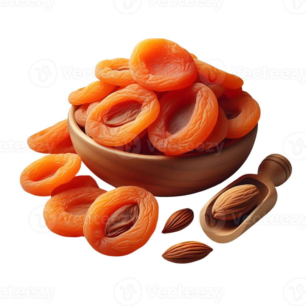 Apricots in a ceramic bowl with a wooden spoon and seeds. Ideal for recipes, culinary projects, and packaging design. png
