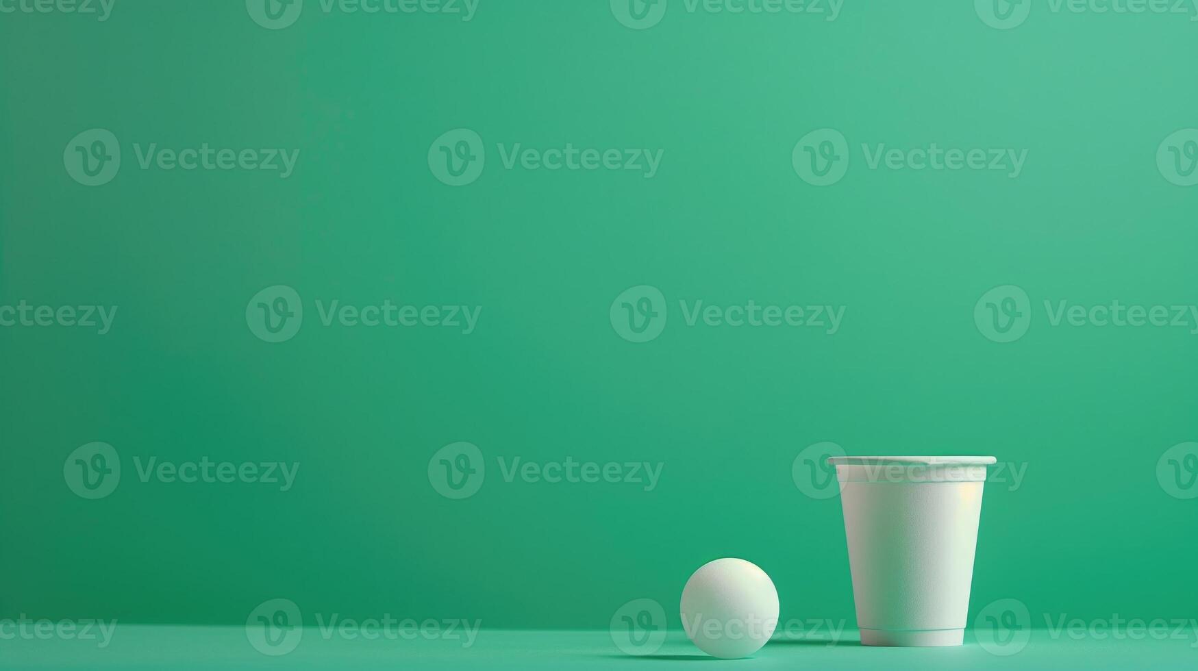 A single beer pong cup accompanied by a white ball against a green background, hinting at fun times ahead photo