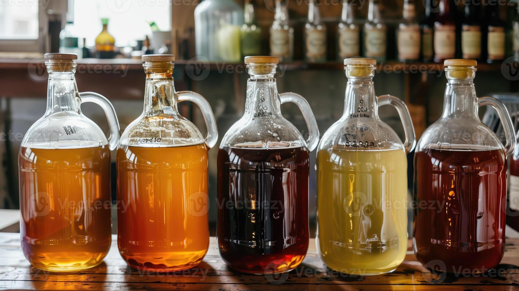Row of amber glass jugs with varying shades of liquids on a wooden counter photo