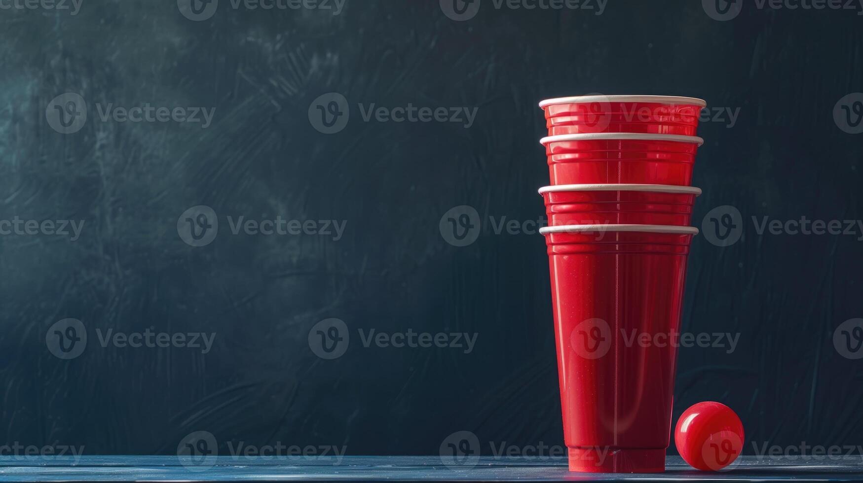 Red plastic cups in a row with a ball, dark mood photo