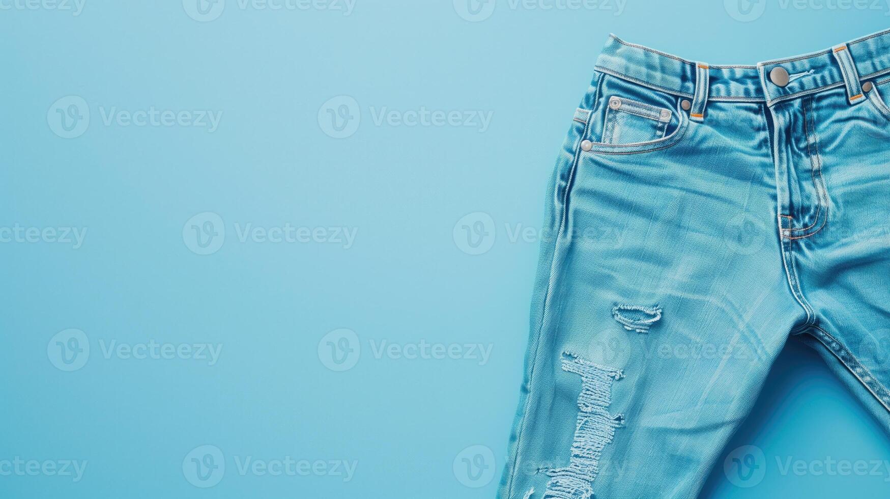 A trendy pair of light blue denim jeans with fashionable rips, laid flat on a matching blue background photo