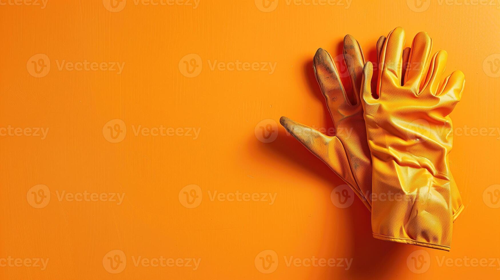 A pair of yellow rubber gloves laid flat on a vivid orange surface, casting soft shadows photo