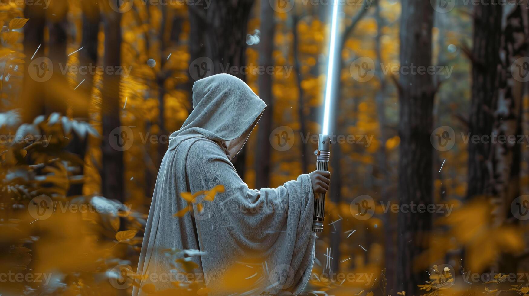 A cloaked figure holds a glowing rod in a mystical autumn forest photo