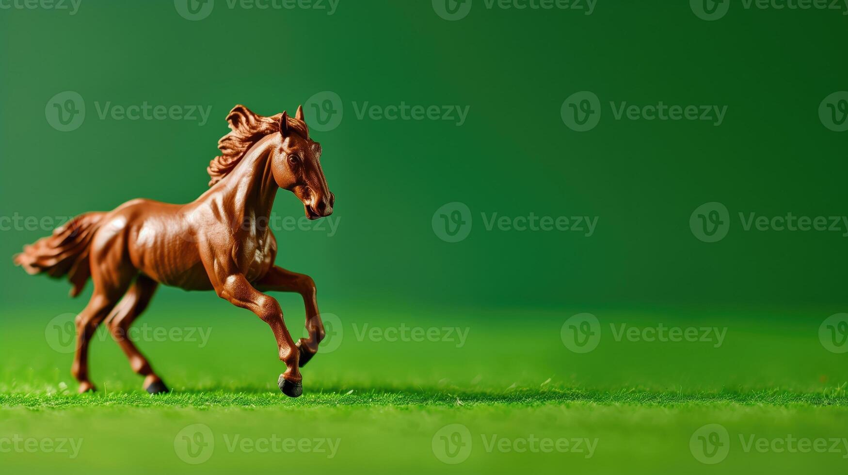 A dynamic plastic toy horse mid-gallop against a vivid green background, simulating motion photo
