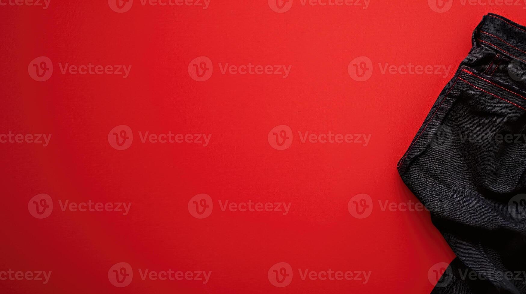 A striking red background with a corner of black jeans, offering a bold contrast photo