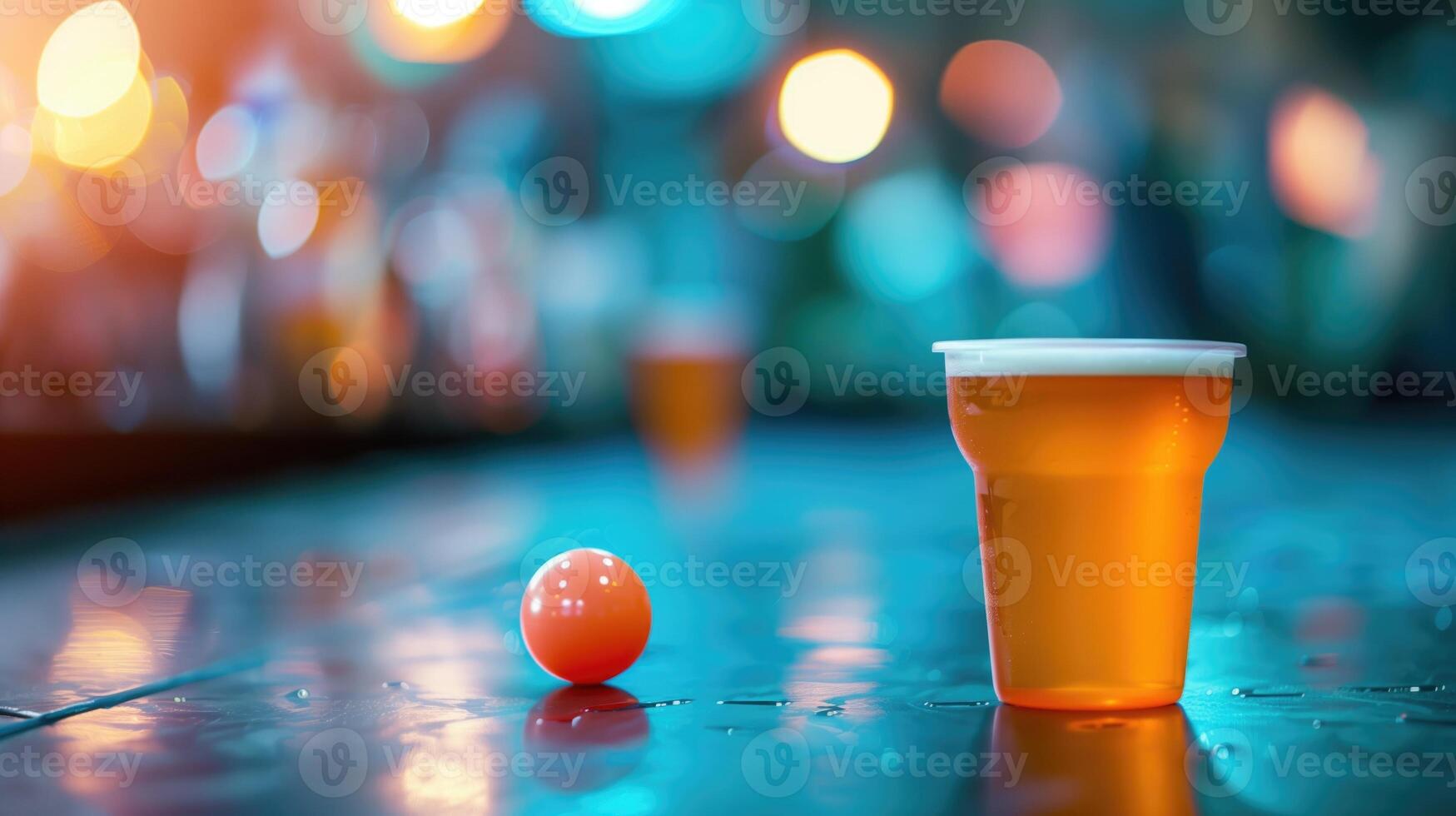 A classic beer pong setup with a bright orange ball beside a filled cup, under neon lights photo