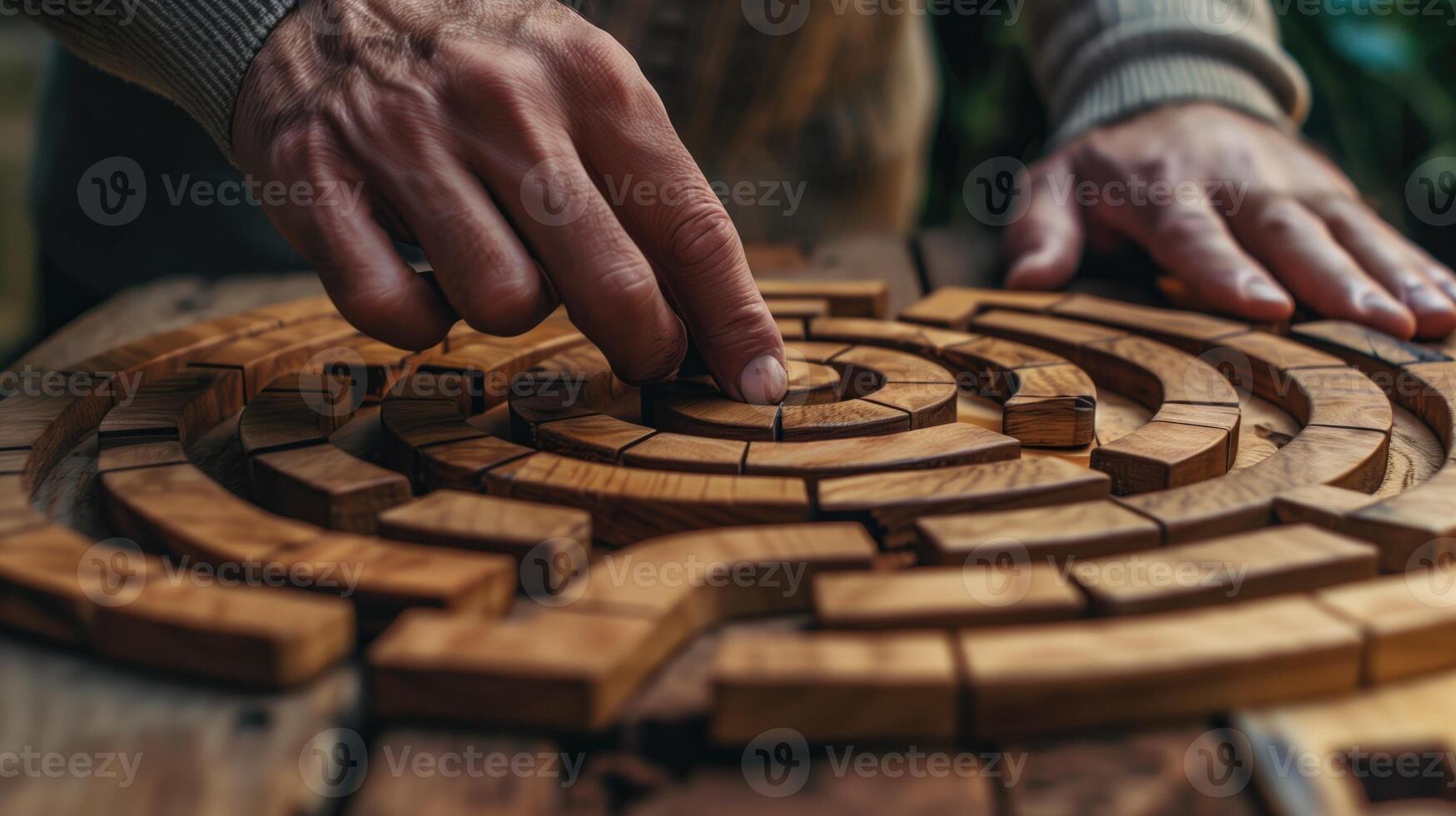 Hands navigating a wooden maze puzzle, metaphor for problem-solving and strategy photo