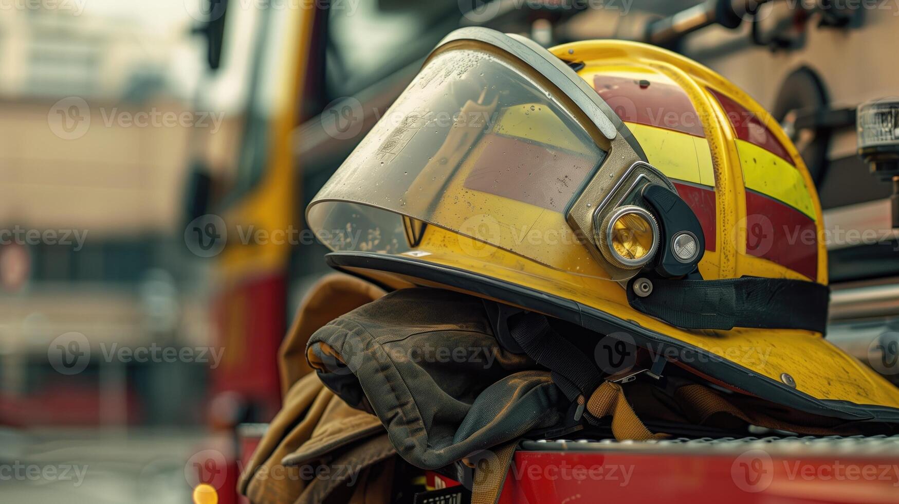 Close-up of a firefighter's yellow helmet with visor and headlamp, placed on gloves photo