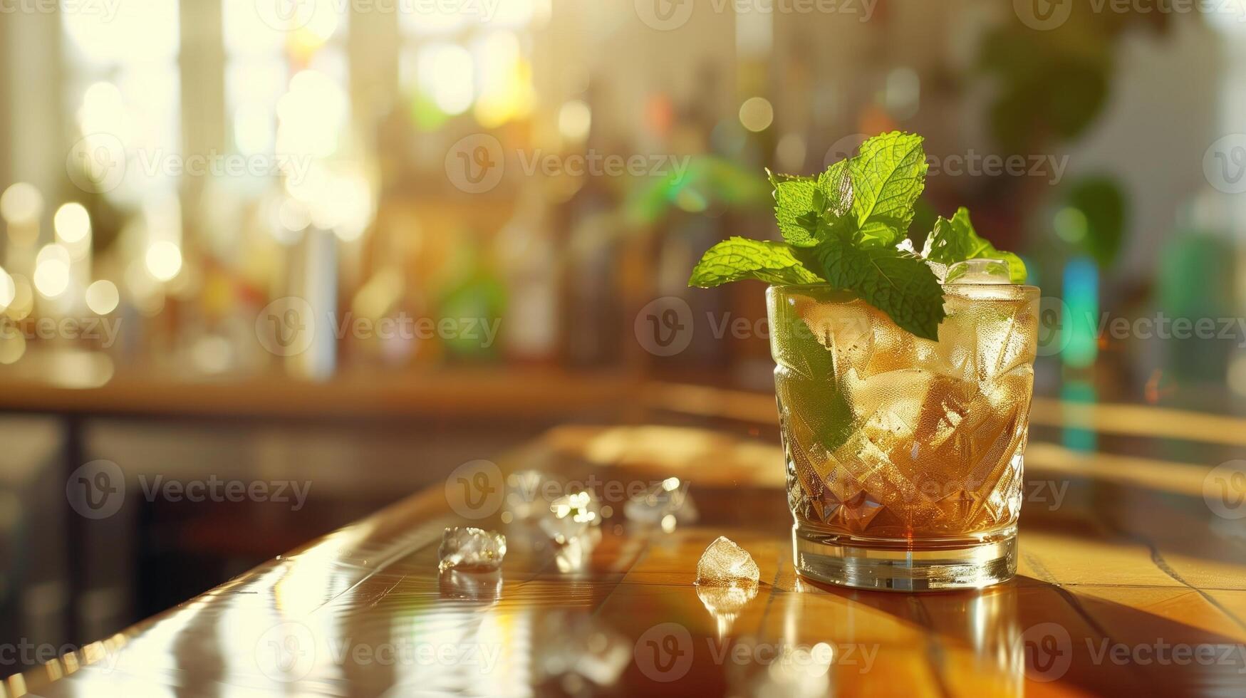 A classic Mint Julep cocktail sits on a wooden bar counter bathed in warm sunlight, with ice cubes scattered around and a refreshing mint garnish photo