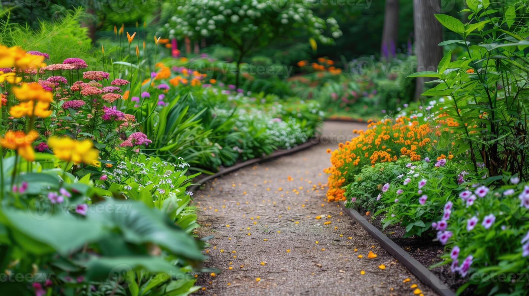 A serene garden path flanked by colorful flowers and lush foliage, inviting a tranquil walk photo