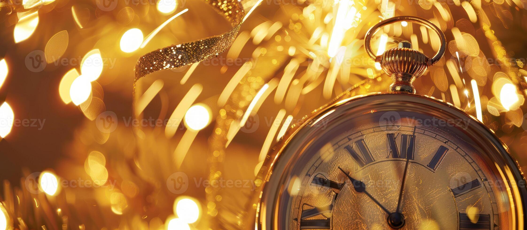 New Year 2024 - Golden Clock And Fireworks. photo