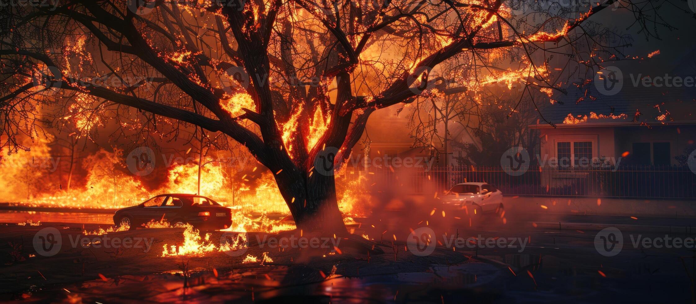 A tree engulfed in flames. photo