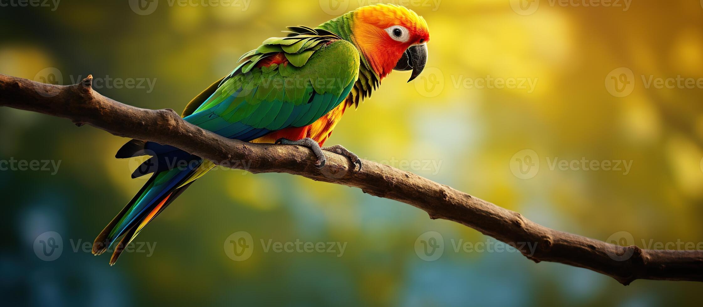 Colorful parrot perched on a tree branch. photo