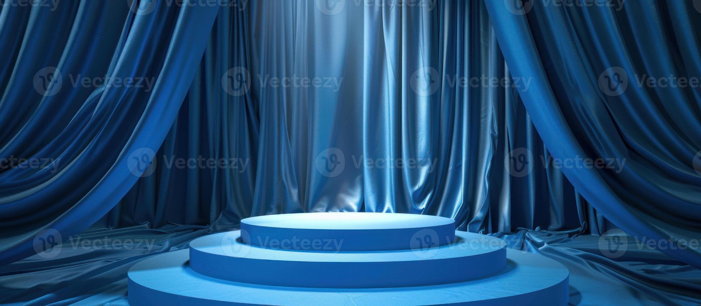Blue background of 3d podium and fabric curtain. photo