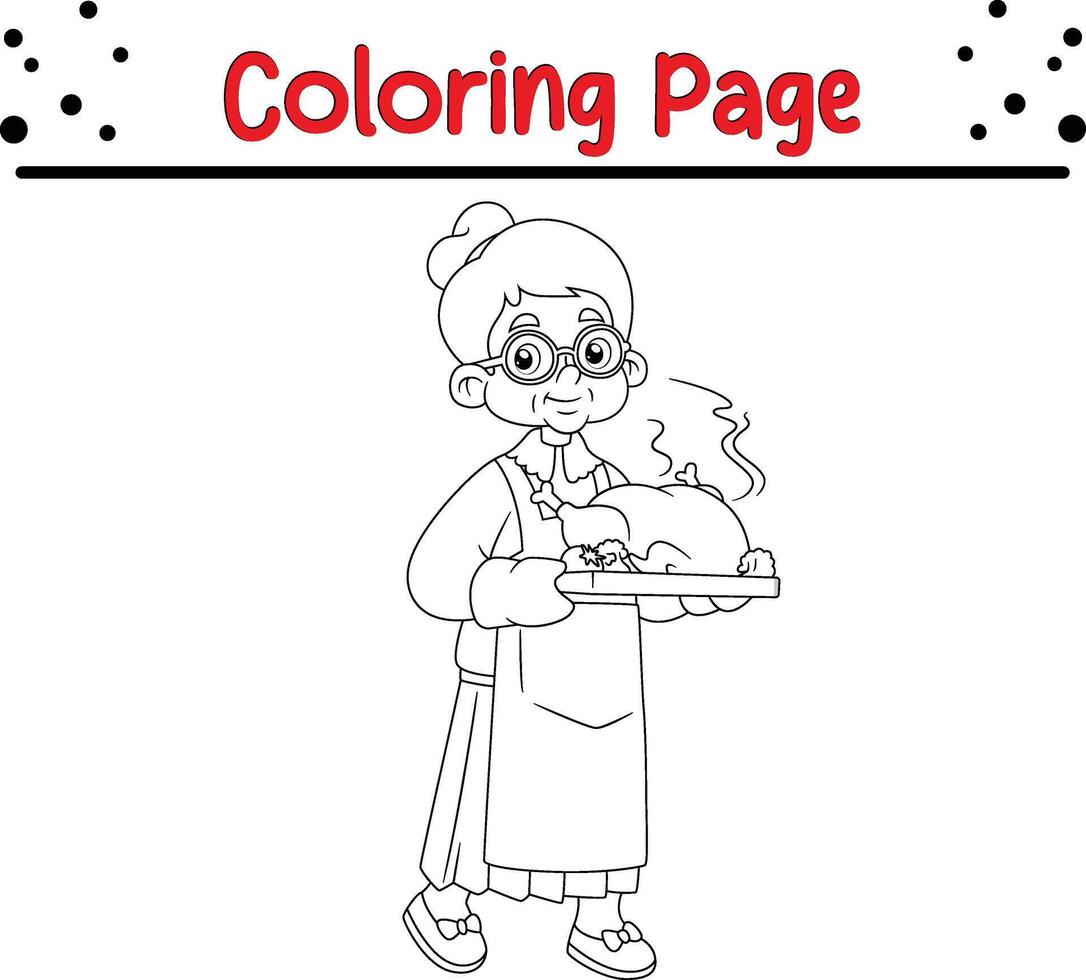 smiling grandmother with thanksgiving turkey coloring page for kids vector