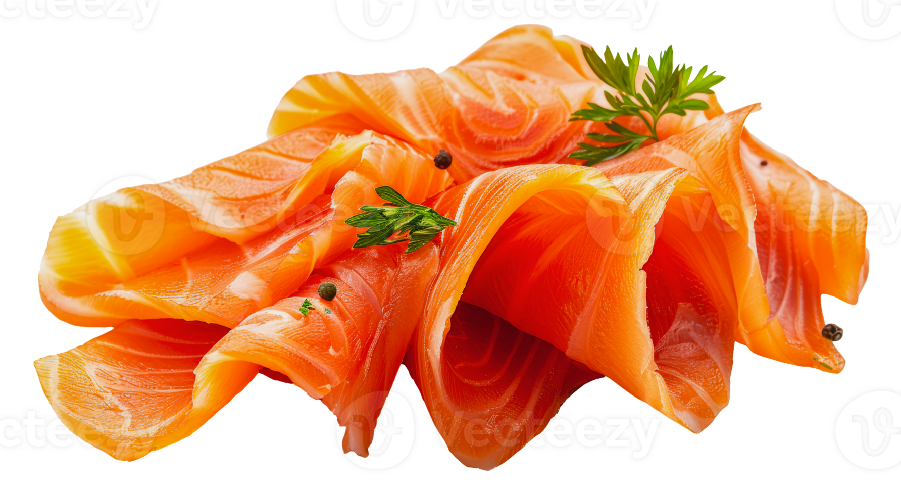 Fresh sliced salmon with dill garnish, cut out - stock . png