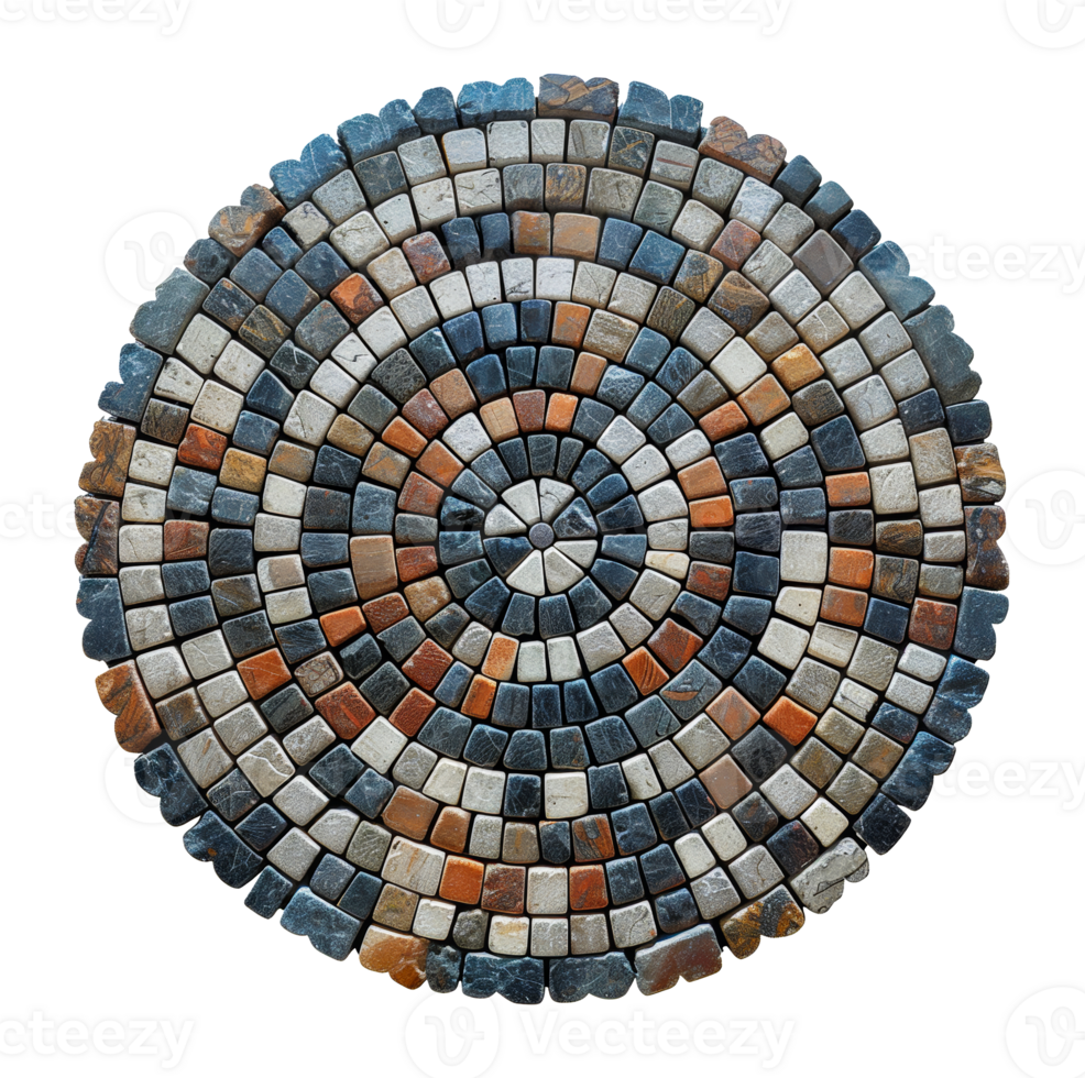 Circular stone mosaic with intricate color patterns, cut out - stock .. png