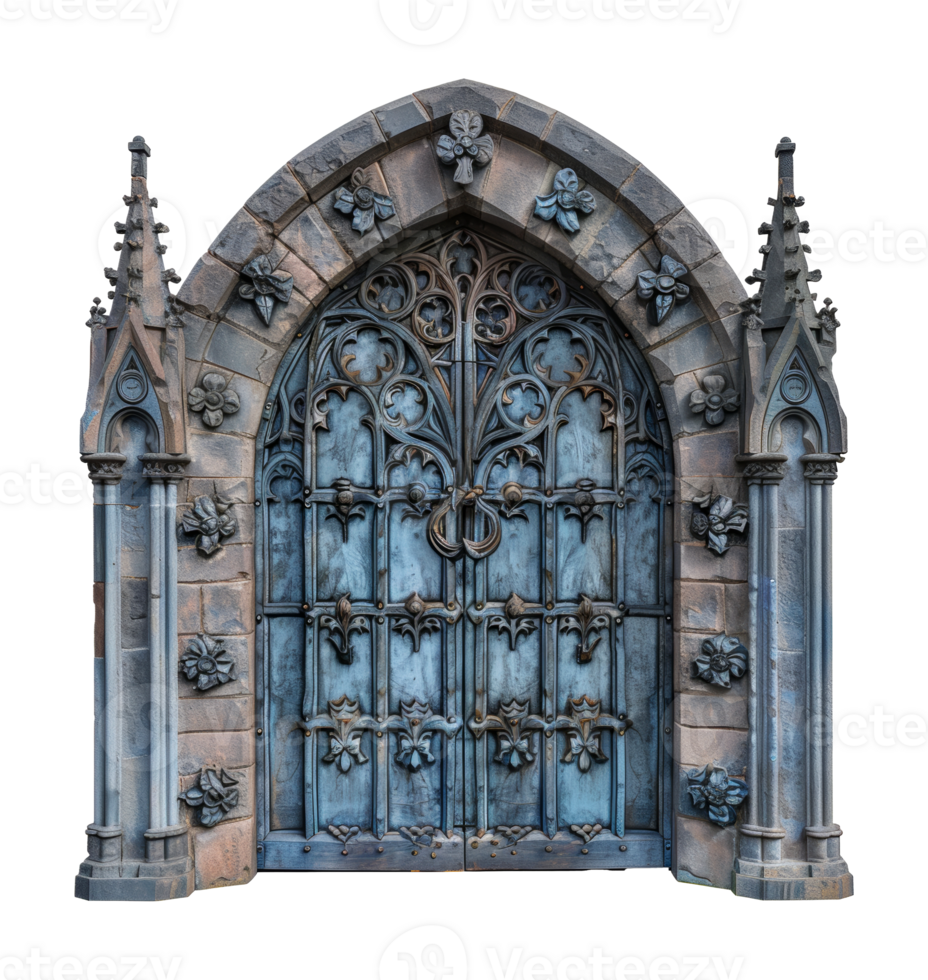 Ornate medieval wooden doors with intricate ironwork, cut out - stock .. png