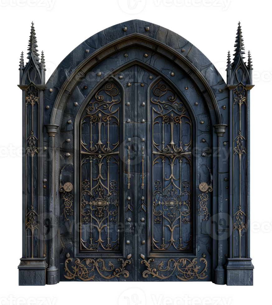 Ornate medieval wooden doors with intricate ironwork, cut out - stock .. png