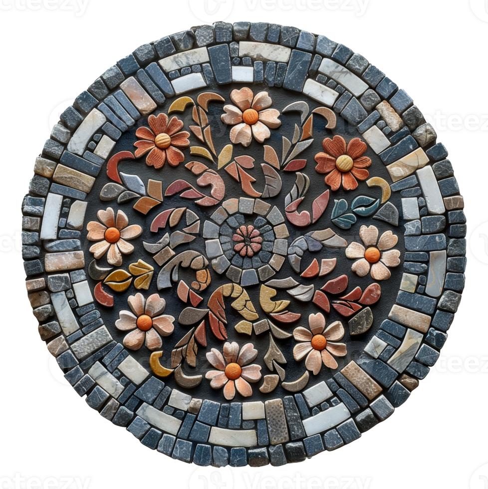 Circular stone mosaic with intricate color patterns, cut out - stock .. png