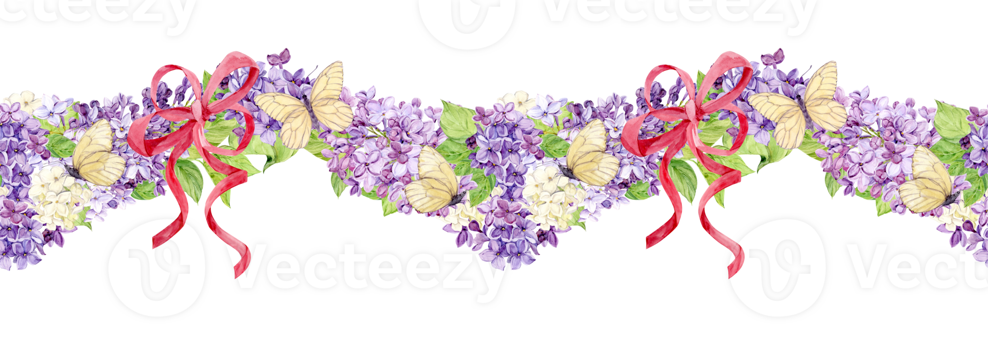 Horizontal seamless border with white and purple lilacs wrapped in pink silk ribbons. Watercolor spring flowers in botanical style and butterflies. Illustration for printing on fabric. png