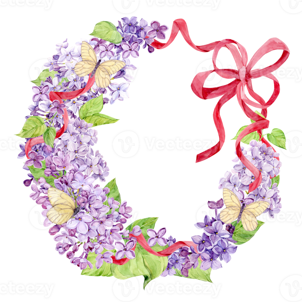 Lilac wreath intertwined with pink satin ribbons. Watercolor frame of spring flowers with white butterflies and pink silk bow. Wedding invitation template with place for text. Decor in boho style. png