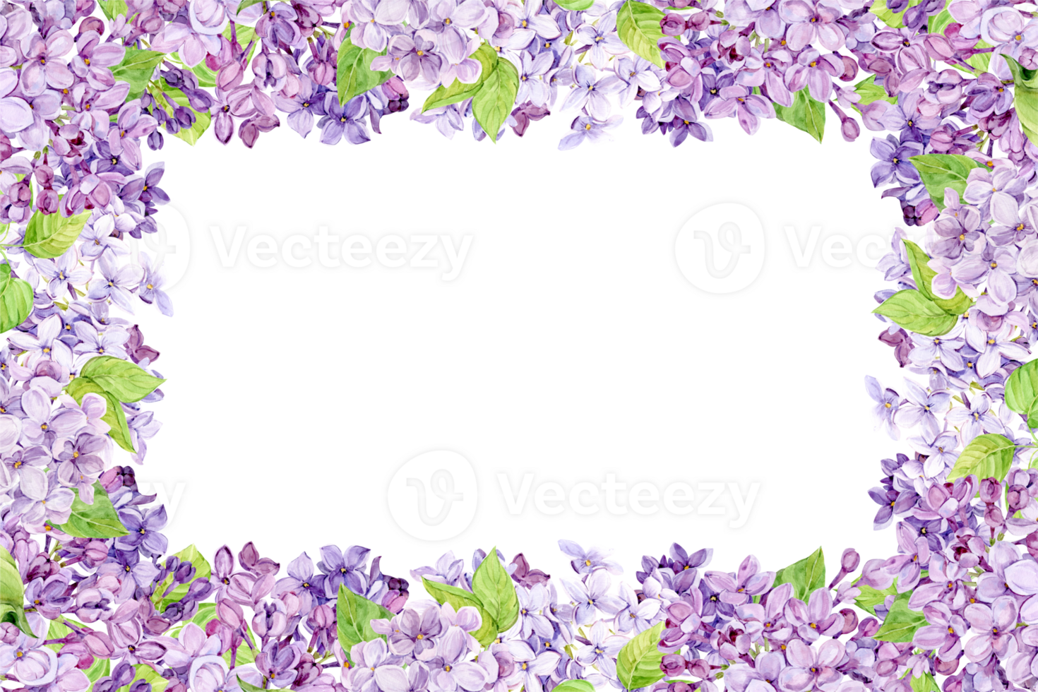 Watercolor horizontal frame with purple lilac on a transparent background. Rectangular border of spring flowers in lavender color. Create Provence Style Wedding Invitations, Save the Date. png
