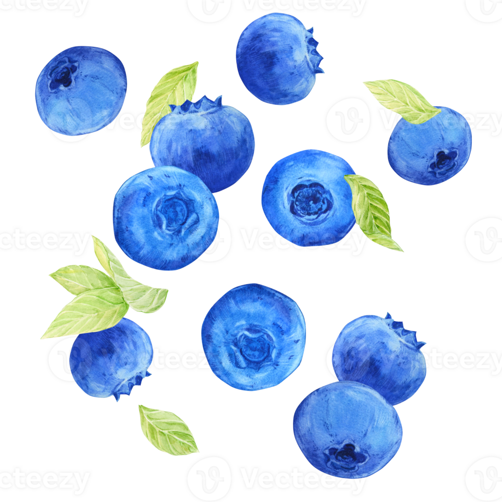Falling juicy ripe strawberries with green leaves on a transparent background. Watercolor illustration for advertising juices, desserts, pastries. png