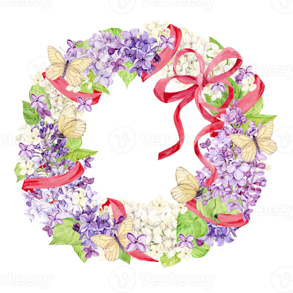 Lilac wreath intertwined with pink satin ribbons. Watercolor frame of spring flowers with white butterflies and pink silk bow. Wedding invitation template with place for text. Decor in boho style. png