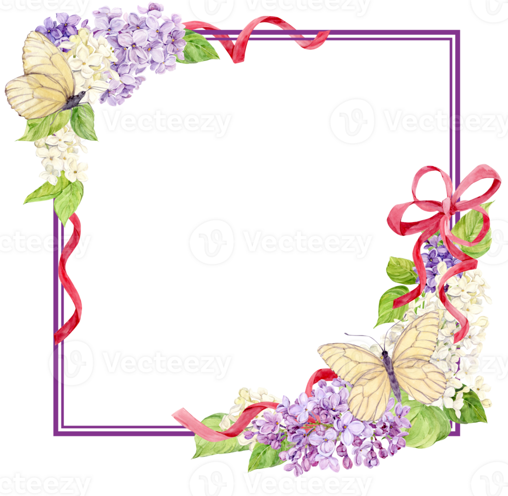 Square frame with lilacs intertwined with pink satin ribbons. Watercolor pattern of spring flowers with white butterflies and pink silk bow. Wedding invitation illustration with place for text. png
