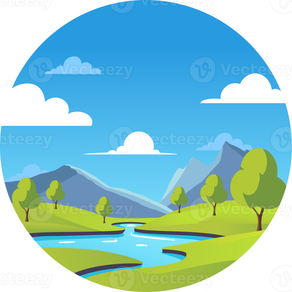 A busy, bright day with a river and mountains. png