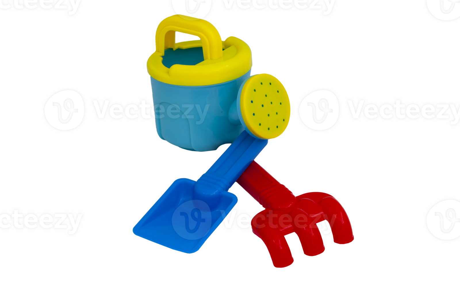 Children's toys for playing in the sand. Children's scoop, watering can and rake for sandbox without background. For text png