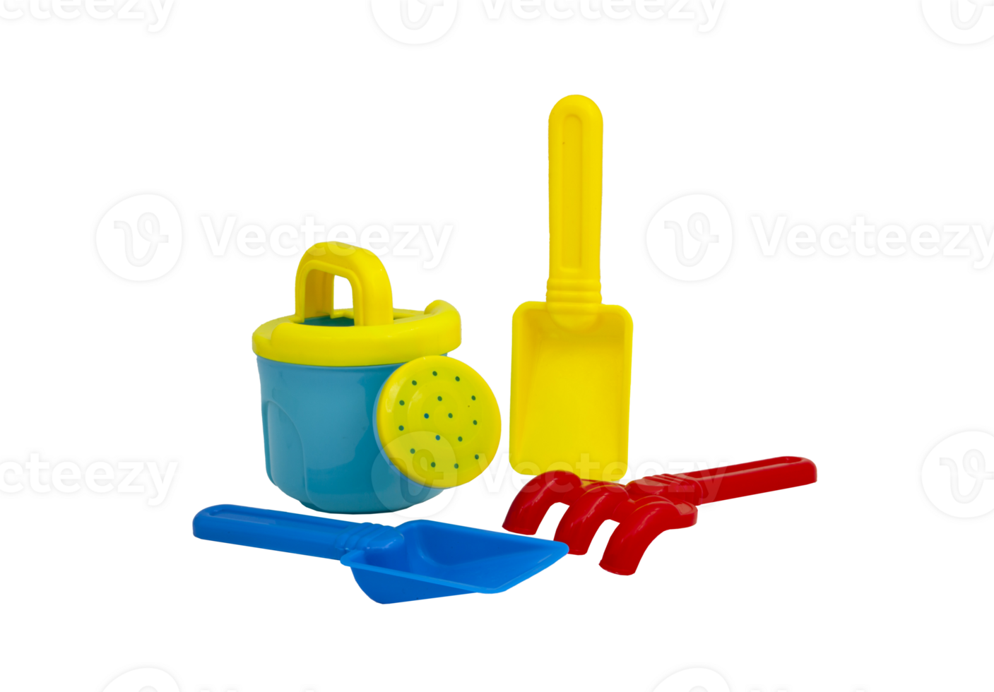 Children's toys for playing in the sand. Children's scoop, watering can and rake for sandbox without background. For text png