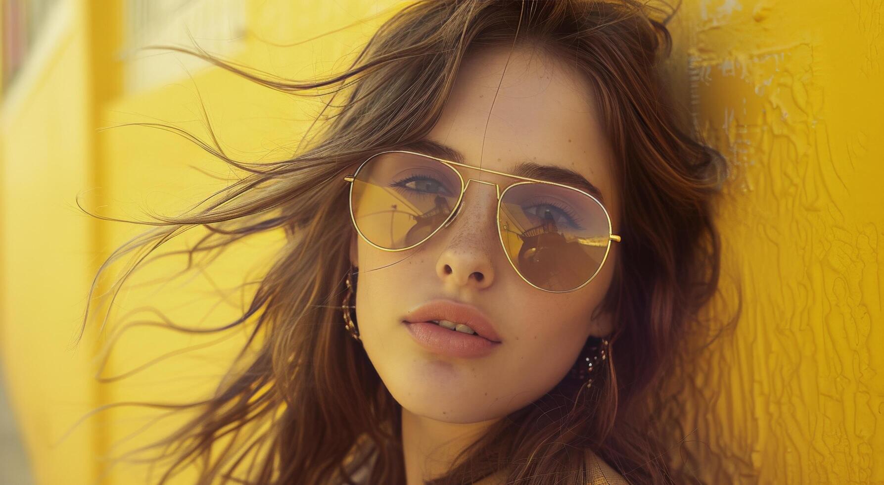 Woman Wearing Sunglasses Leaning Against Yellow Wall photo