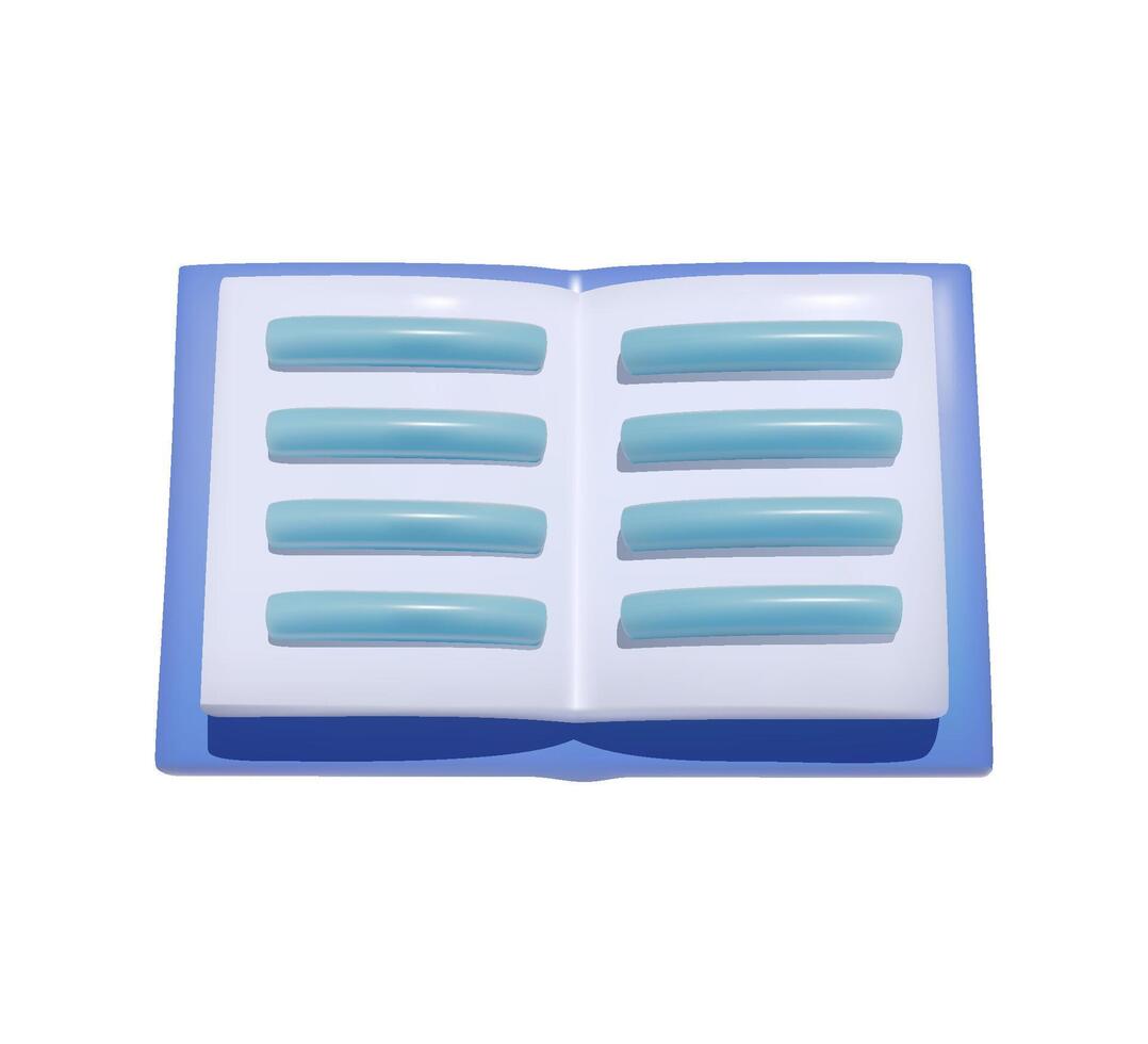 Open book with blue text lines. 3D icon isolated. Reading and education concept. Cartoon minimal style. vector