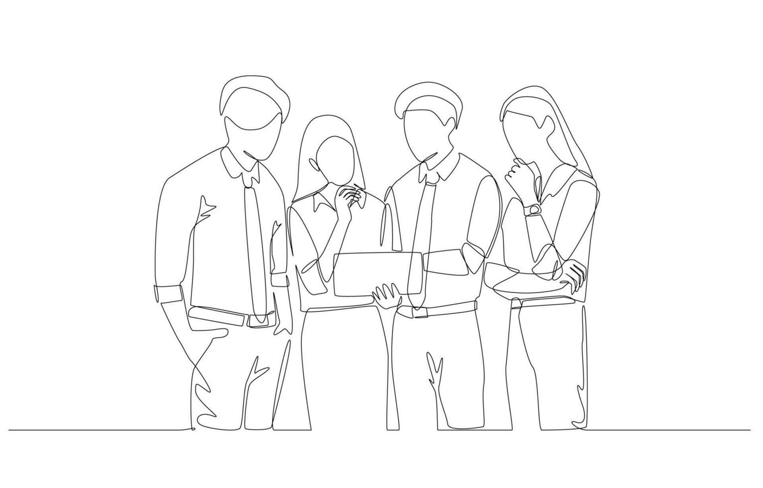 Continuous one line drawing of female employee and colleagues talking about marketing performance, casual business meeting concept, single line art. vector