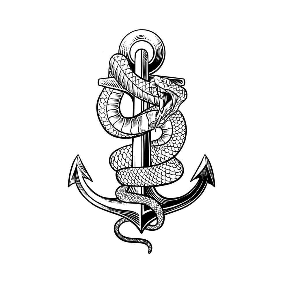 black and white illustration of a ship anchor and snake vector