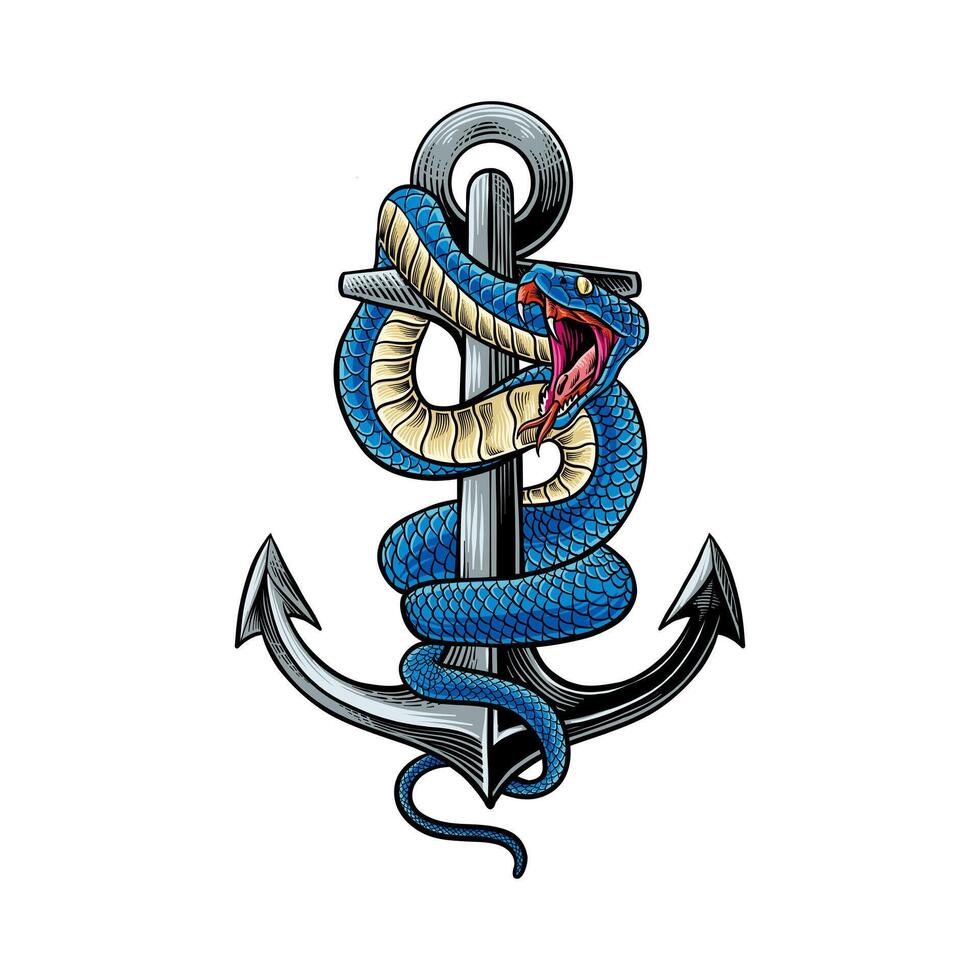 Hand drawn illustration of ship anchor with snake vector