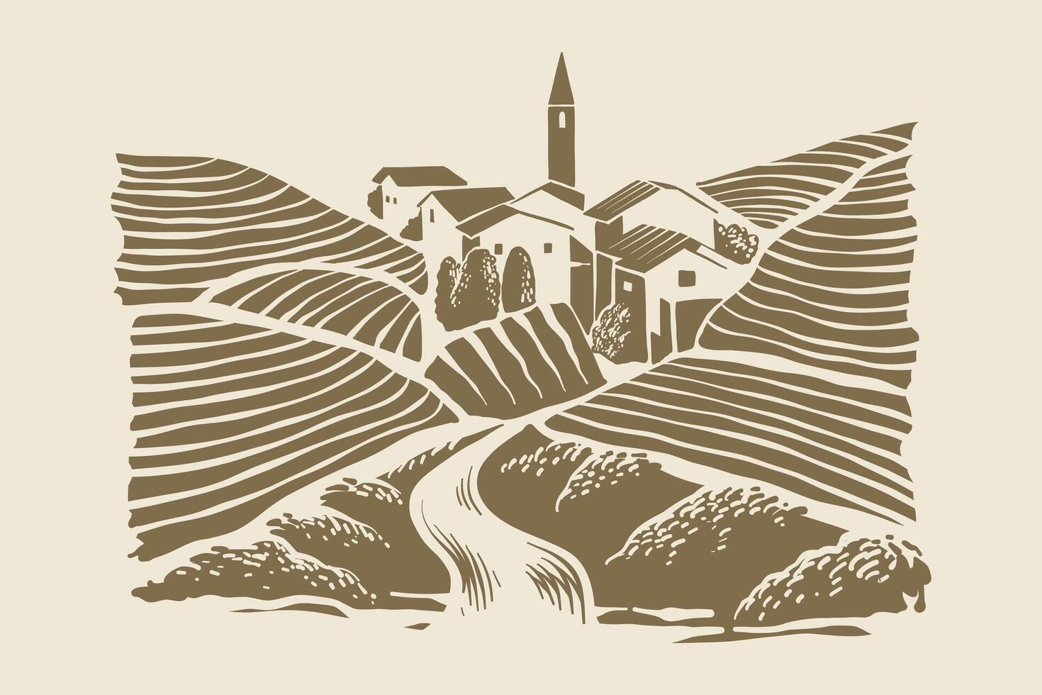 terraced farm illustration in engraving style vector