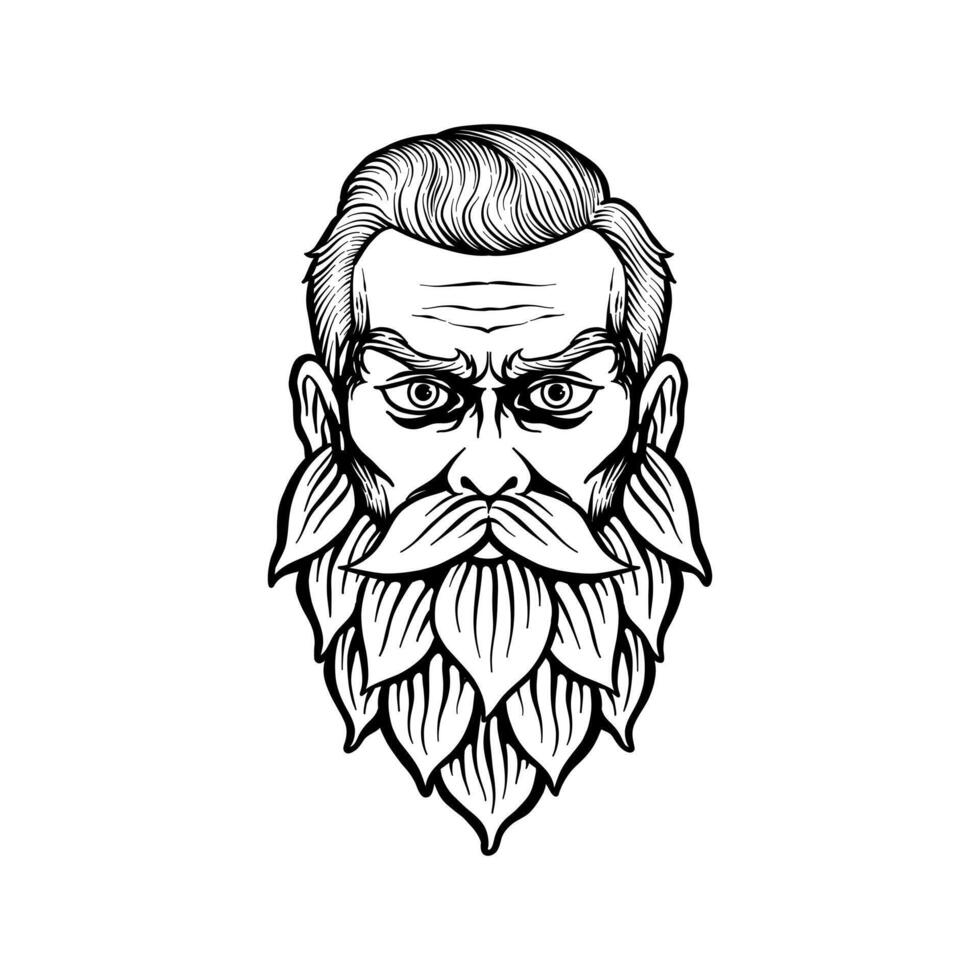 black and white illustration of a man with a hops beard vector