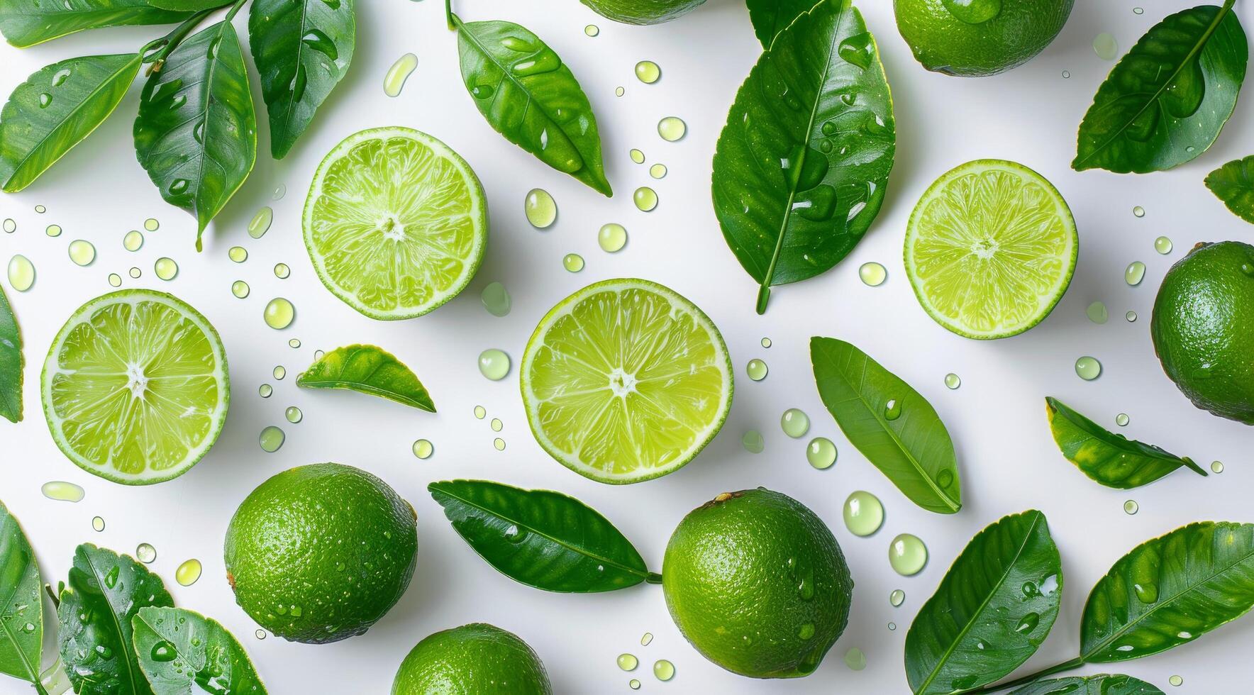 Limes and Leaves on White Background - Lime photo