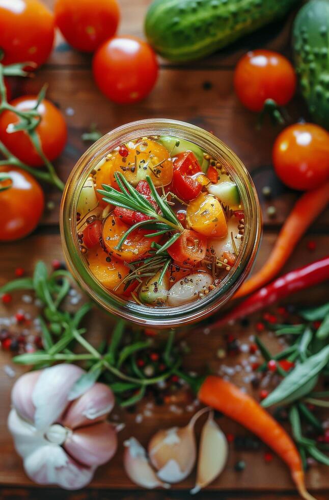 Three Jars of Pickled Vegetables on a Wooden Table photo