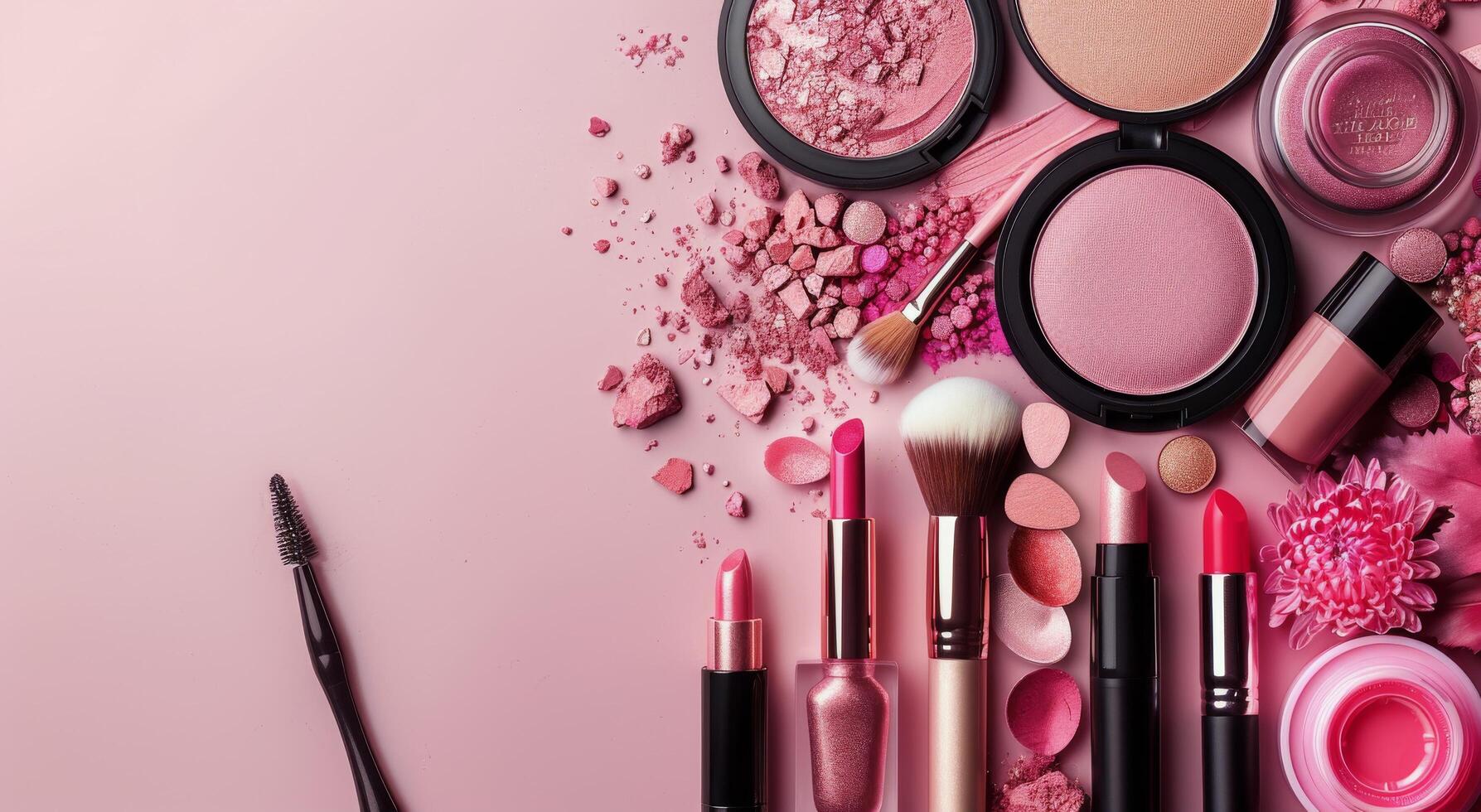 Pink Cosmetics Arranged on Pink Background photo