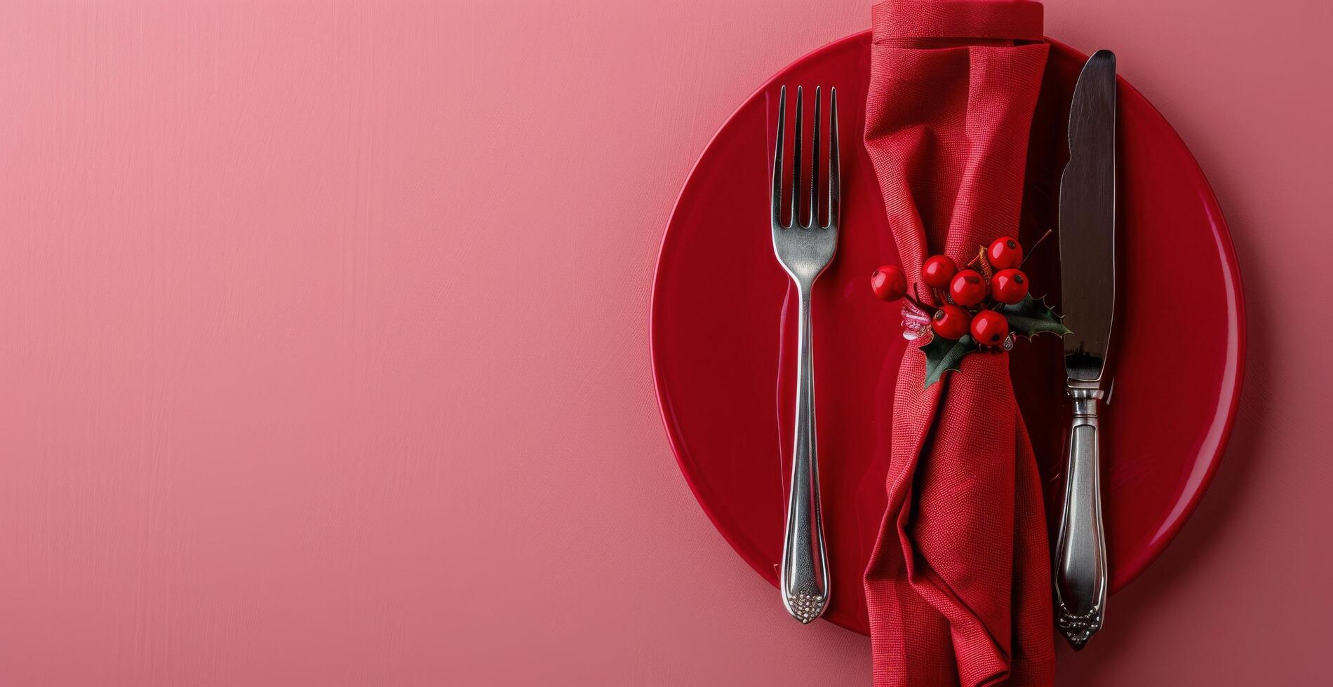 Red Plate With Knife and Fork photo