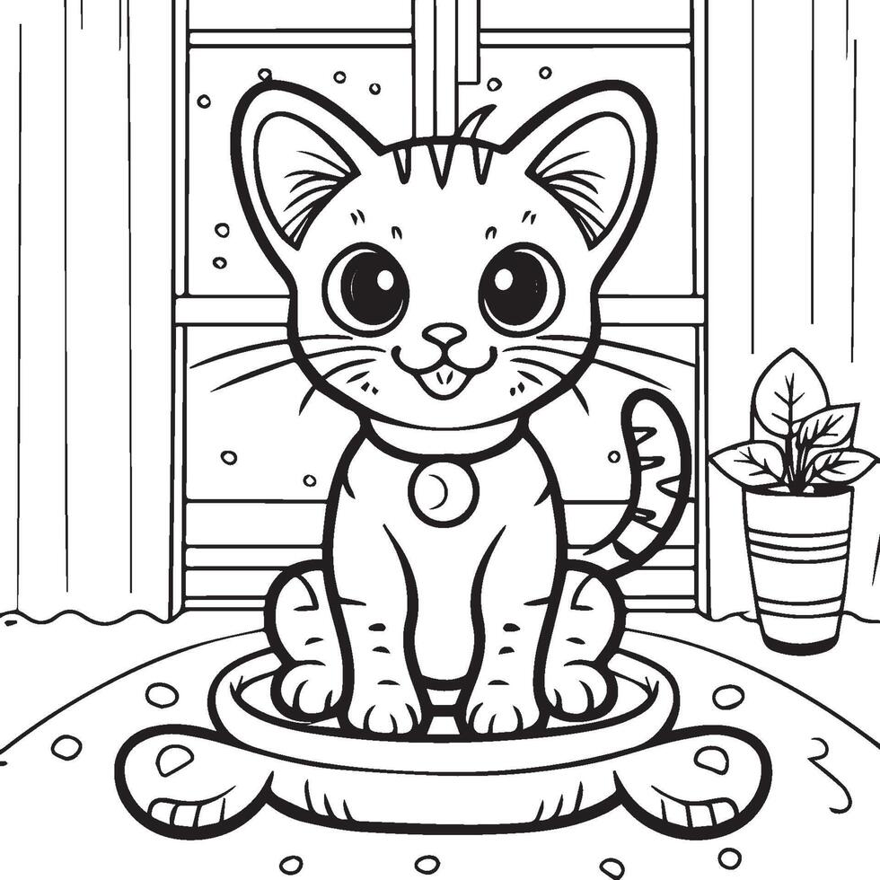 In the foreground a single baby cat in home . Cat in home coloring pages vector