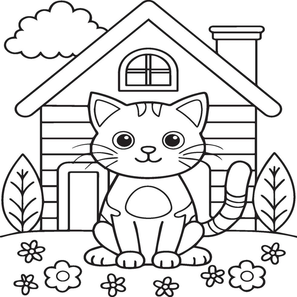 In the foreground a single baby cat in home . Cat in home coloring pages vector