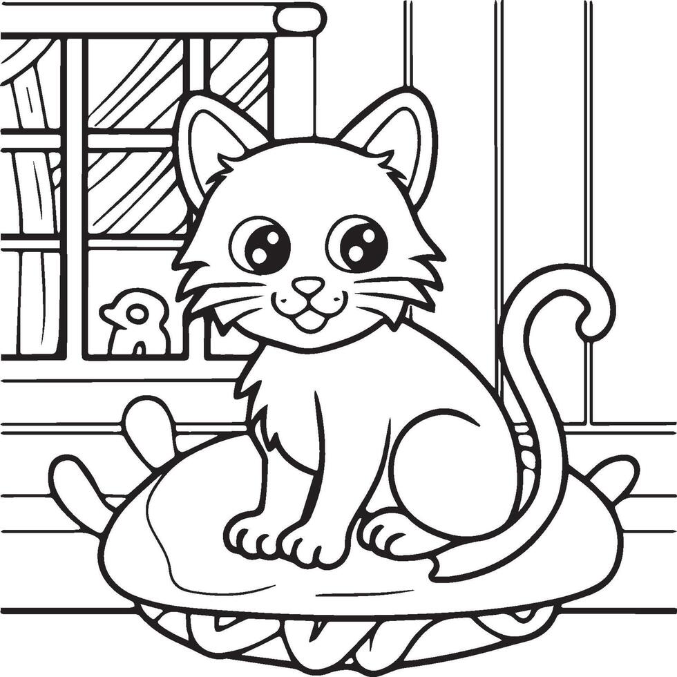 In the foreground a single baby cat in home . Cat in home coloring pages vector